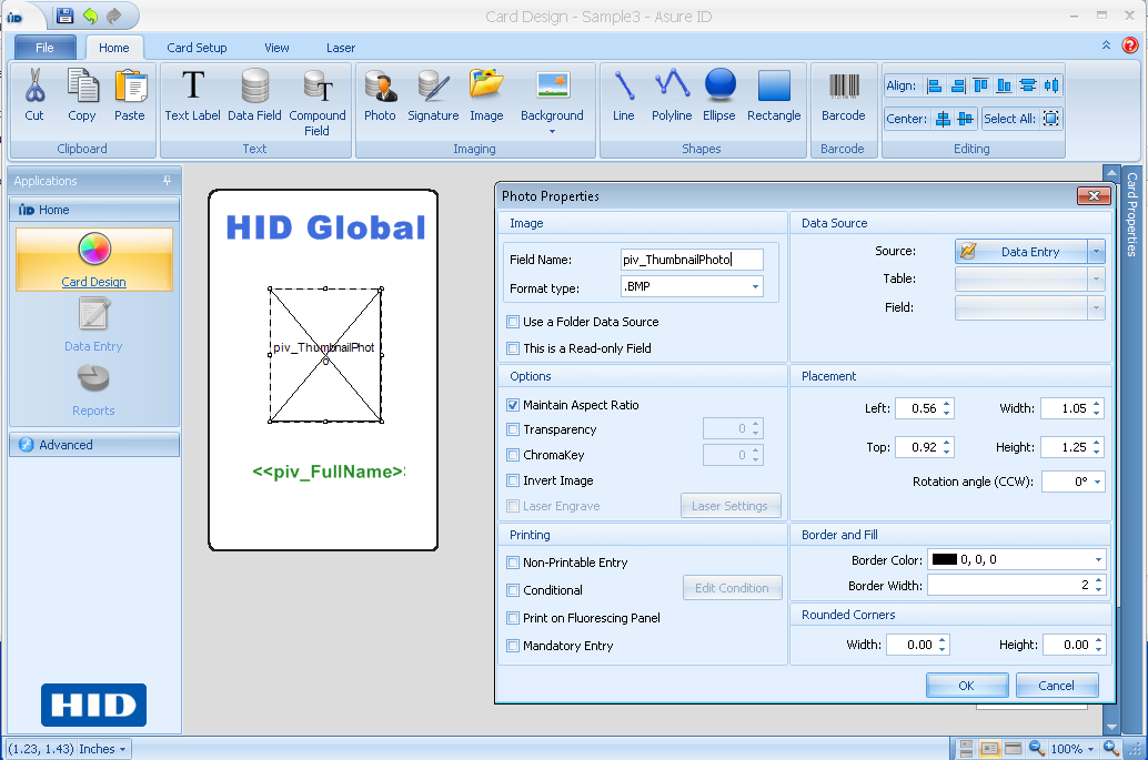 Sample card design template created using Asure ID displaying Card Design section with various photo properties shown in the right panel